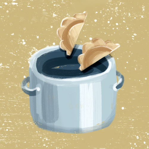 How to cook frozen pierogi? By boiling. lllustration drawn by Kasia Kronenberger