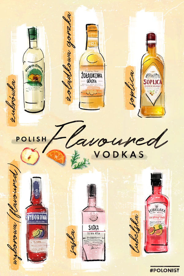 Hand drawn illustration / infographic depicting Polish flavoured vodkas (wheat, rye etc.): Żurbówka Bison Grass, Żołądkowa gorzka, Soplica smakowa, Wyborowa smakowa, Saska, Lubelska. Illustrated by Kasia Kronenberger.