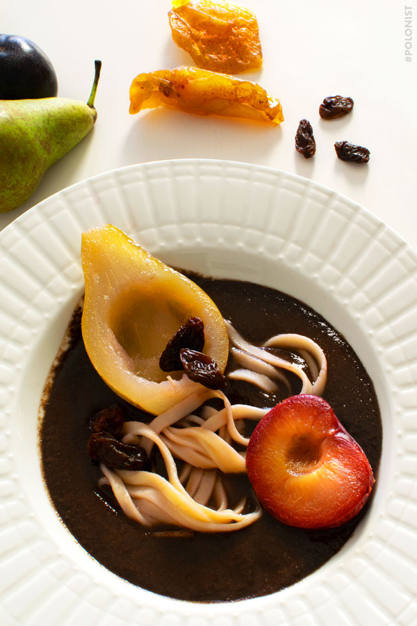 Czernina / Czarnina - Polish Duck Blood Soup served with noodles, dried fruit, pear and plum.