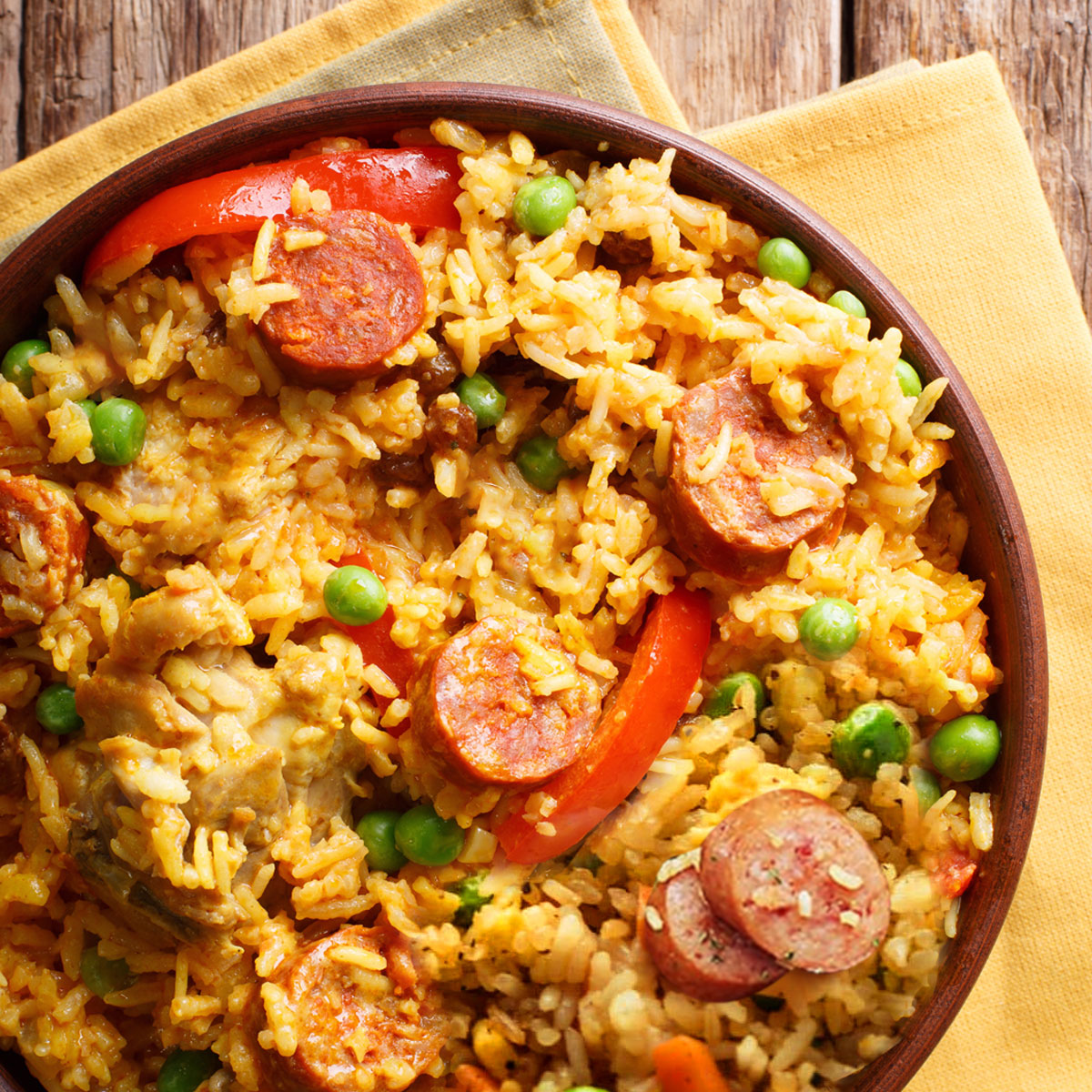 Kielbasa and rice, fried with eggs and peppers