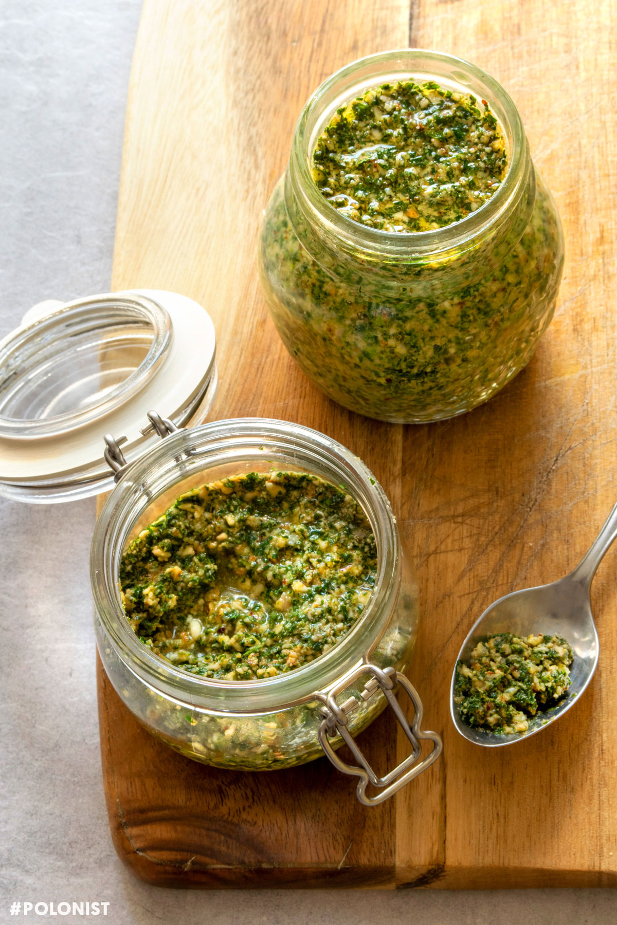 Jars filled with Carrot Top / Greens / Leaves Pesto with Walnuts