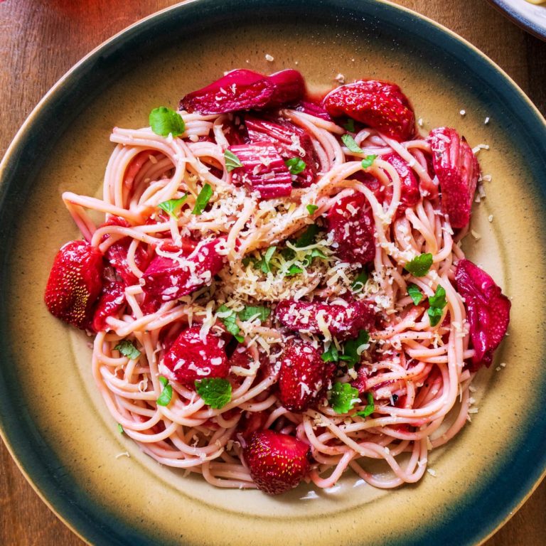 Summer Pasta with Roasted Rhubarb, Strawberries and Mint