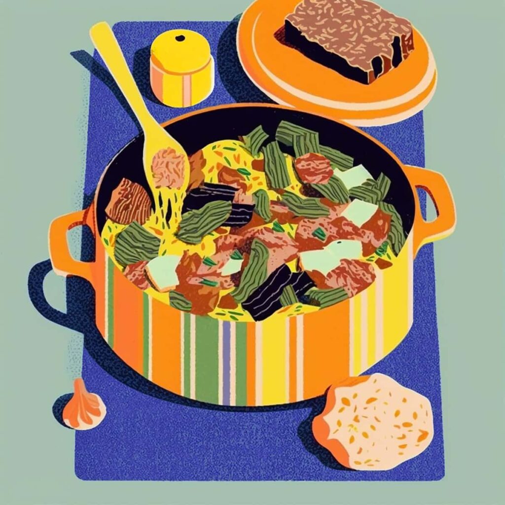 A risograph-style illustration of a bigos stew served in a cooking pot.