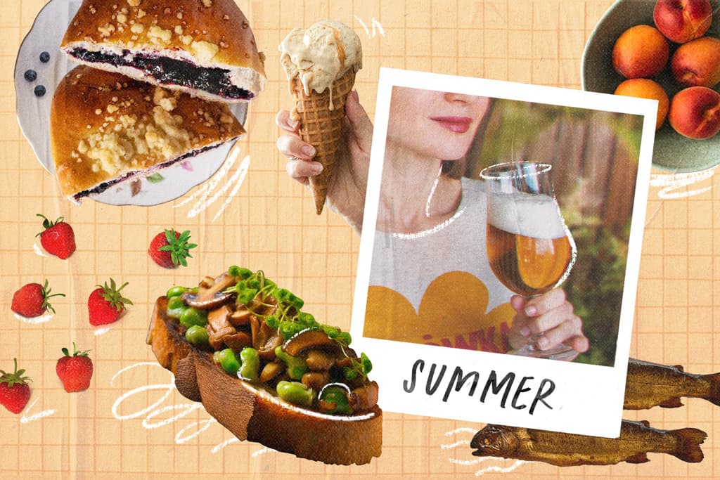 Artistic collage of Polish seasonal foods of the summer: jagodzianka (sweet yeast bilberry bun), toast with broad beans and chanterelles, smoked trout, fresh apricots, artisan ice cream and fresh strawberries